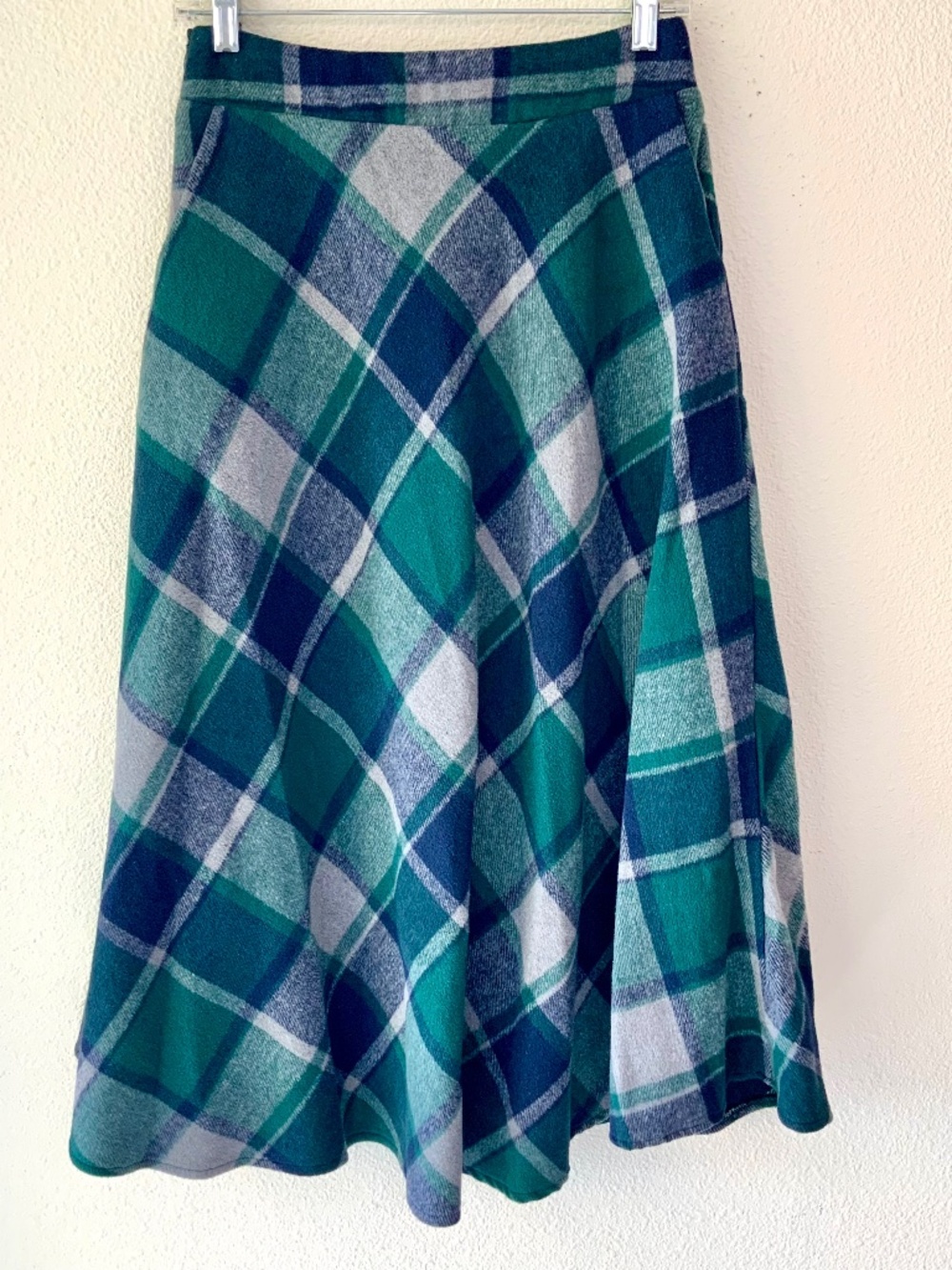 Wool Blend Maxi Skirt Plaid Size Medium Long Tartan Green Blue
